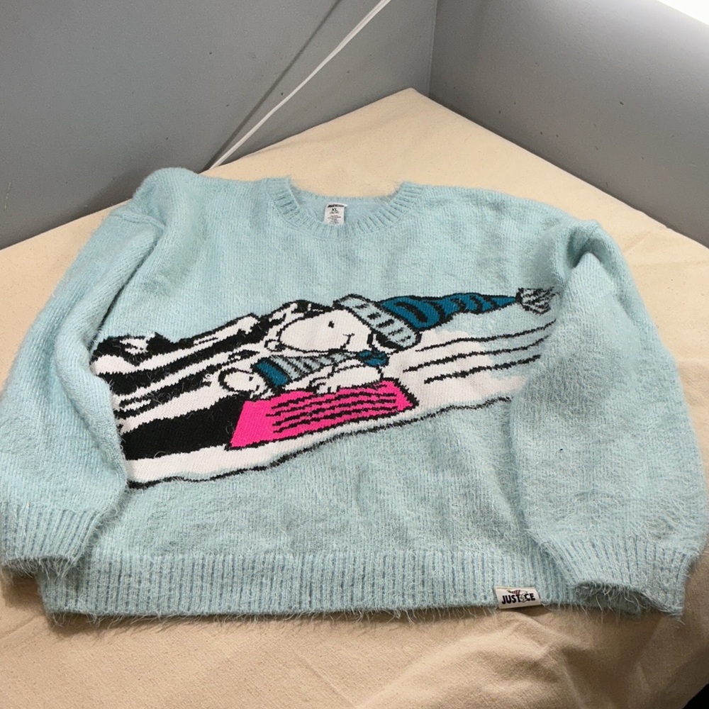 Justice Light Blue Fuzzy Snoopy Graphic Crewneck Sweater